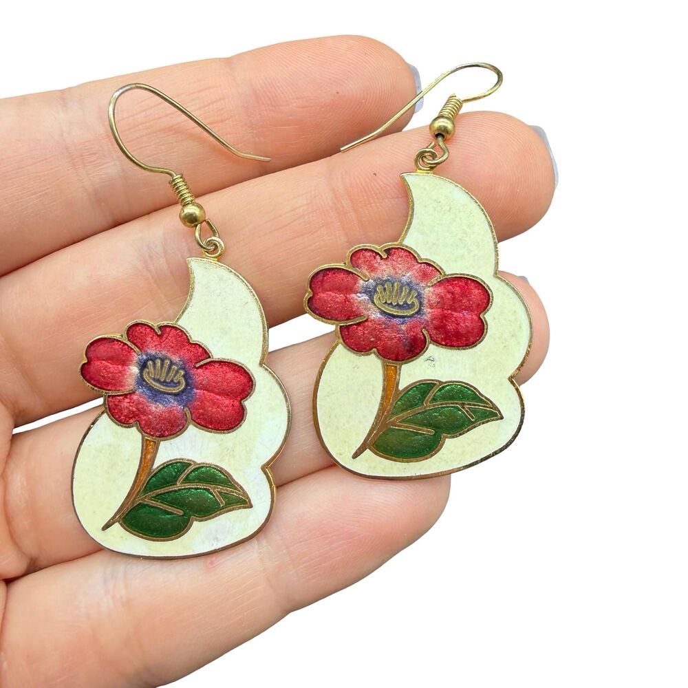Vintage Jewerly Poppy Flower Cloisonne Earrings Red Floral  Earrings